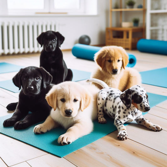 Cuccioli di cane per lezione di puppy yoga a Napoli